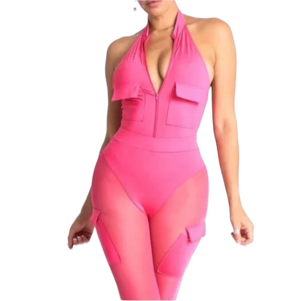 Pocket Detailed Halter Bodysuit Matching Mesh Contrast Leggings Set
New - Picture 4 of 6